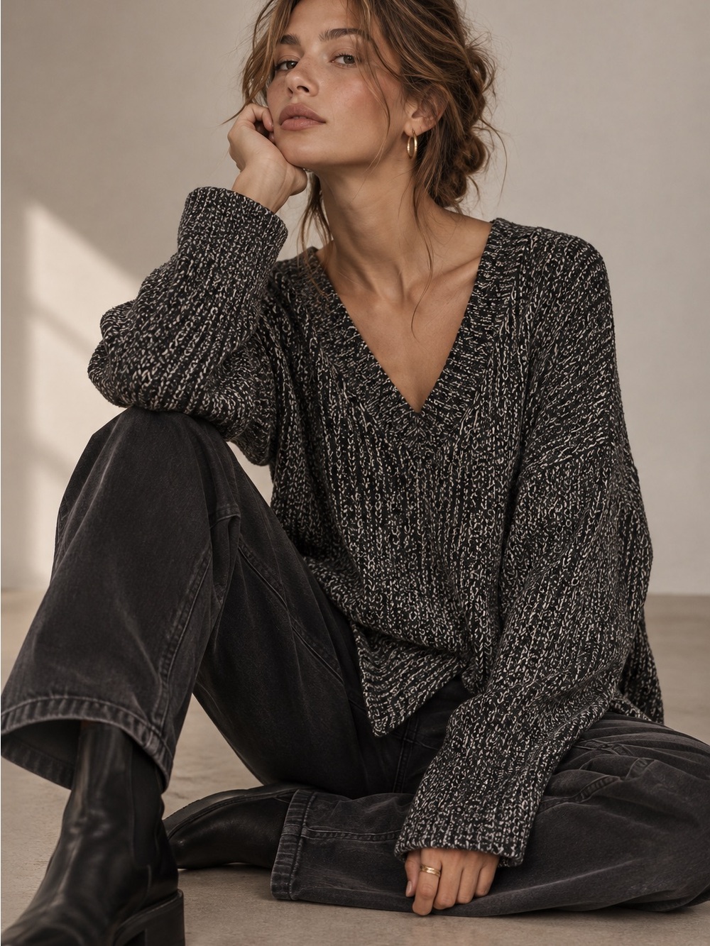Athleta Shasta V-Neck Sweater Wool Blend Hi Low Black Marled Shaker Stitch tunic